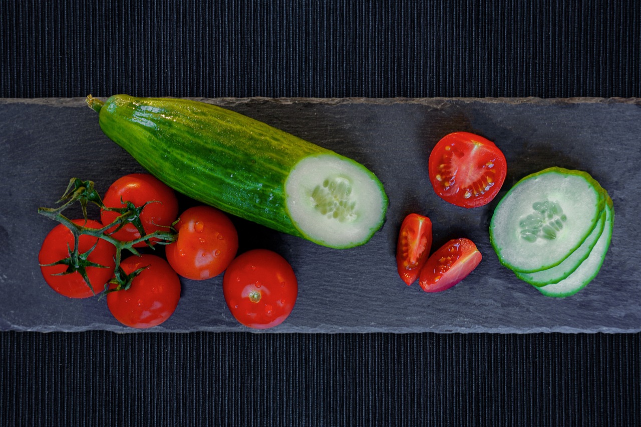 tomato, cucumber, slate